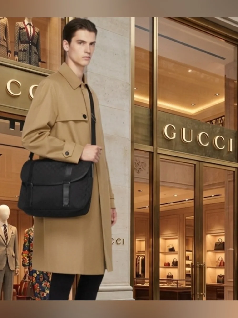 Authentic Gucci luxury designer GG signature canvas & leather messenger bag